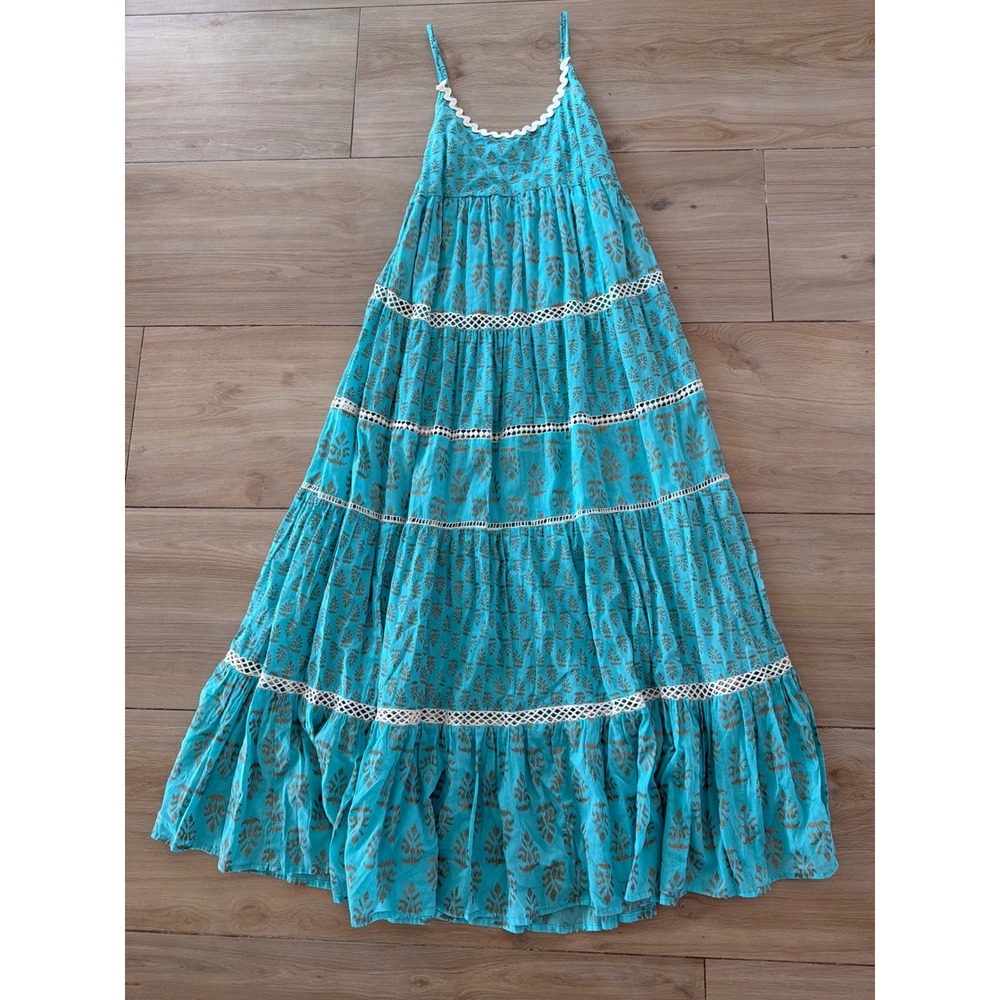 Guadalupe Turquoise Blue Gold Block Print Cotton Tiered Lace Maxi Dress Medium